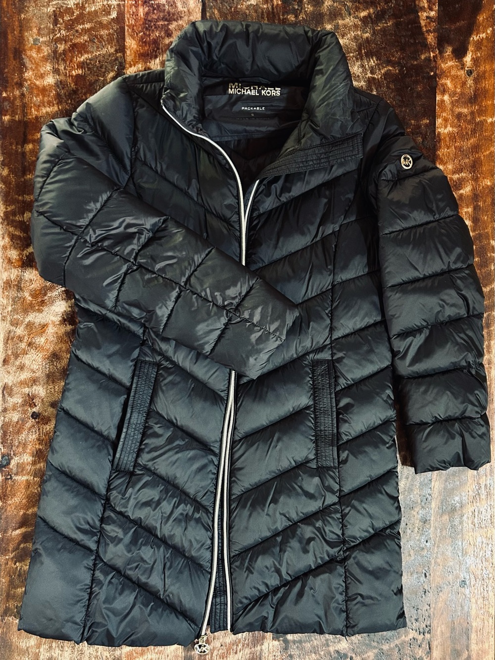 Michael Kors Black Chevron Quilted Long Puffer Coat with Contrast Trim